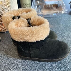 UGG Kids Black Suede Boots with Cream Shearling Cuff